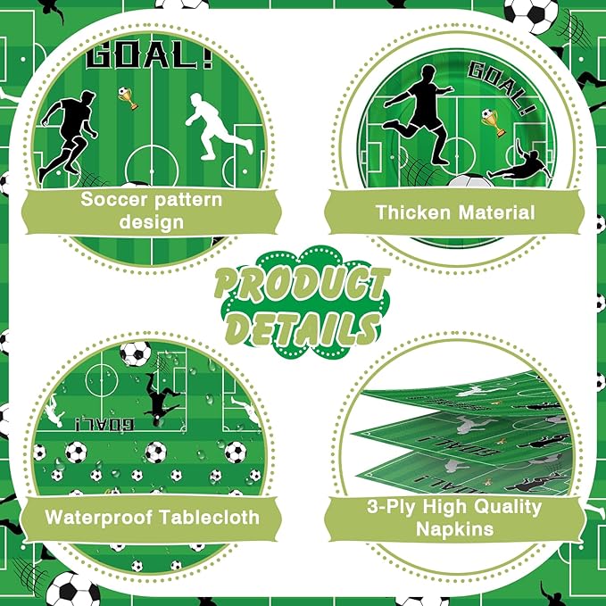Soccer Birthday Decorations, 170 Pcs Soccer Party Decorations Including Banner, Plates, Cups, Napkins, Cutlery, Straws and Tablecloths, Serves 24