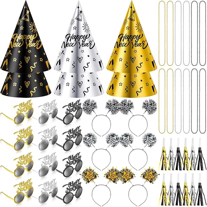 2026 New Years Eve Party Supplies for Guests Happy New Year Headbands Hats Noise Makers Glasses Necklace