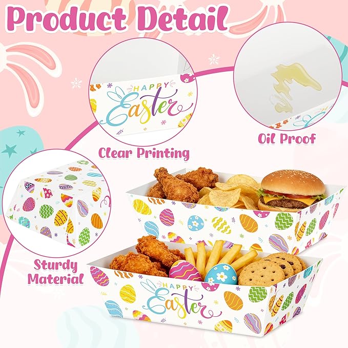 100 Pcs Easter Food Trays, Happy Easter Decor Serving Trays, 2 Style Disposable Paper Spring Decor, Large Multicolor Egg Decoration for Party Table Supplies for Snack Food, 5.94 X 3.34 X 2.16 Inches