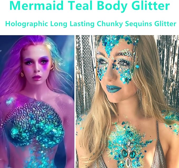 Go Ho Teal Body Glitter Gel,Mermaid Teal Face Glitter Makeup,Holographic Long Lasting Chunky Sequins Glitters for Lip Hair Nails,Festival Accessories,52g