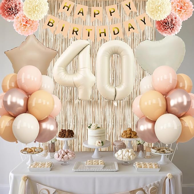 Beige 40th Birthday Decorations for Women Cream Number 40 Balloon Nude Gold Happy Birthday Banner Fringe Curtain Paper Pom Poms Blush White Sand Champagne Star Foil Balloons Neutral Boho Party Decor