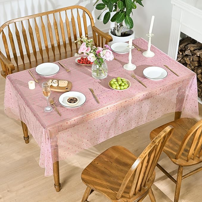 Horaldaily Pink Gold Sparkling Star Gauze Tablecloth 52x70 Inch Rectangular, Pink Star Sequin Glitter Metallic Foil, Sheer Tulle Cheesecloth for Wedding Baby Shower Party
