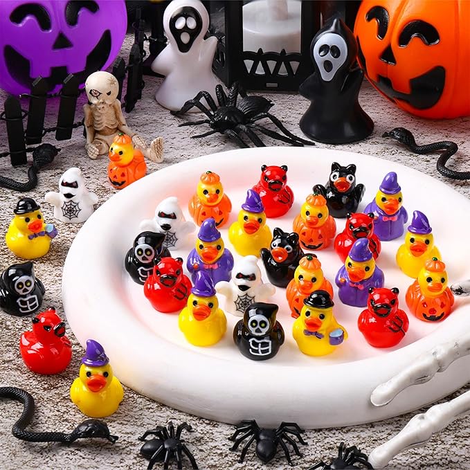120 Pcs Halloween Mini Ducks 8 Styles Miniature Resin Ducks Bulk Skeleton Pumpkin Witch Devil Ghost Tiny Duck Figures for Halloween Party Favors Gift DIY Craft Dollhouse Decorations