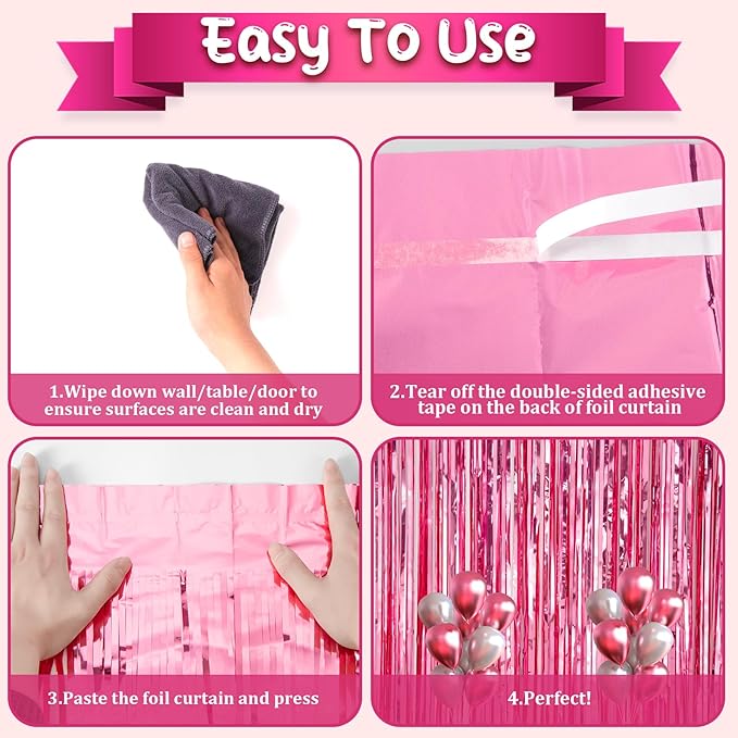 2 Pack Pink Tinsel Foil Fringe Curtains, Pink Party Decorations, Metallic Tinsel Party Streamers Backdrop for Birthday Baby Shower Graduation Wedding Bachelorette Party Decorations