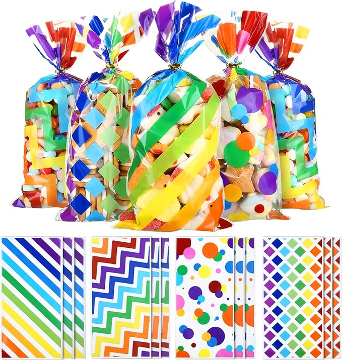 Kesote Rainbow Cellophane Treat Bags, 100 Pieces Printed Plastic Gift Goodie Candy Treat Bags with Ties for Summer Kids Birthday Party Favor Supplies