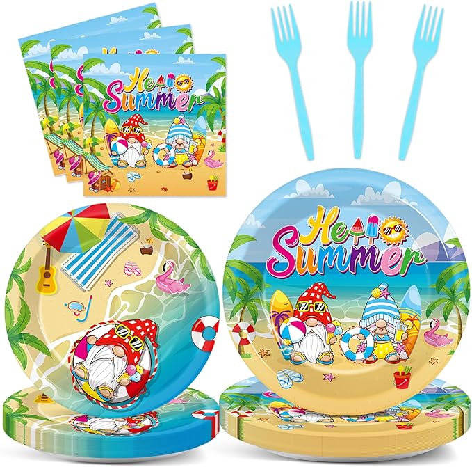 96 Pcs Hello Summer Beach Party Plates Napkins Tableware Set End of School Year Pool Party Birthday Supplies Disposable Dinnerware School's Out Gnome Themed Decoration Favors for Kids, 24 Guests