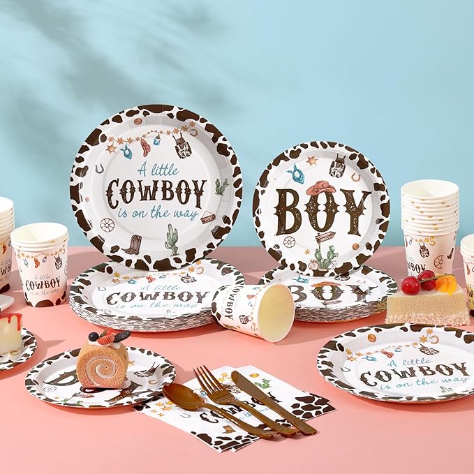 168 Pcs Cowboy Baby Shower Decorations, A Little Cowboy is on the Way Boy,Baby Boy Shower Plates and Napkins Sets Serves 24, Western Baby Shower Decorations, Its A Boy, Brown