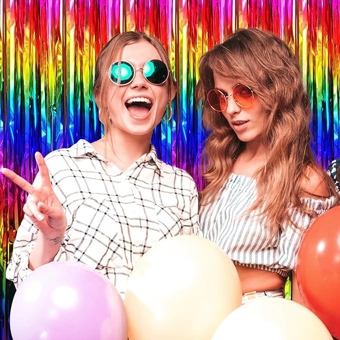 3 Pack Rainbow Foil Fringe Curtain Backdrop, 3.28Ft x 6.6Ft Metallic Tinsel Foil Fringe Streamer Curtains for Photo Booth, Christmas Day, Thanksgiving, Wedding, New Year Party Decorations