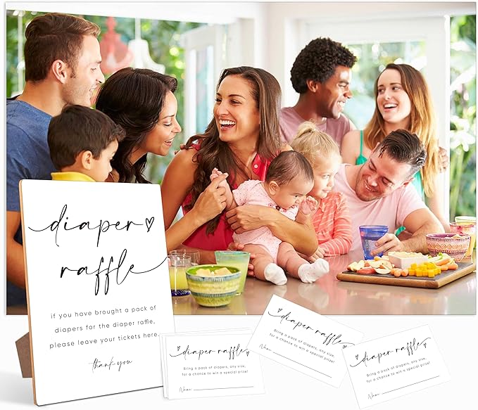 Baby Shower Diaper Raffle Game,Baby Shower Games,Baby Shower Decorations,Baby Shower Signs,Gender Reveal Decorations,1 Wooden Play Sign with Stand and 50 Diaper Raffle Tickets Set