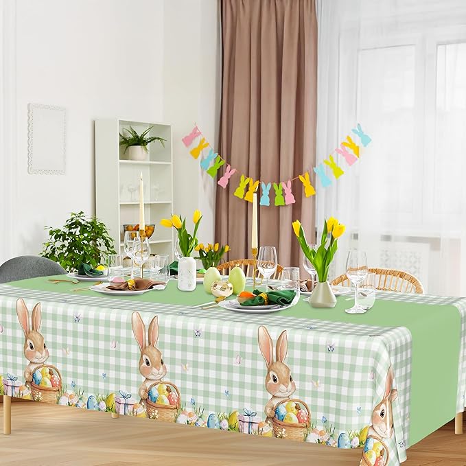 6 Pack Easter Tablecloth, 54" x 108" Disposable Easter Decorations Spring Tablecloth, Sage Green Bunny Plaid Easter Table Cloths, Rectangle Plastic Table Cover for Spring Party Decorations Supplies