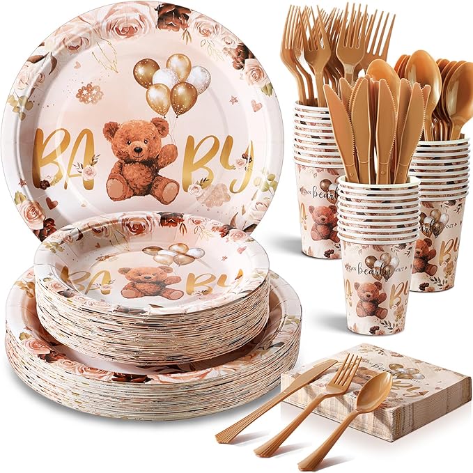 350 Pcs Brown Bear Baby Shower Paper Plates Napkins Cups Knives Forks Spoons for 50 Guests Disposable Bear Party Tableware for Birthday Baby Shower
