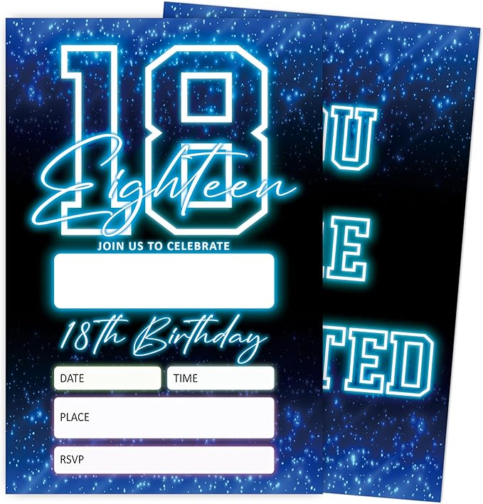 SIXEIGHT Blue 18th Birthday Invitations for Boys, Neon Glow Party Invitations for Girls Kids, 20 Pack Double Sided Invite Cards with Envelopes, 18th Glow Neon Birthday Party Decorations, 4x6 Inch-C51