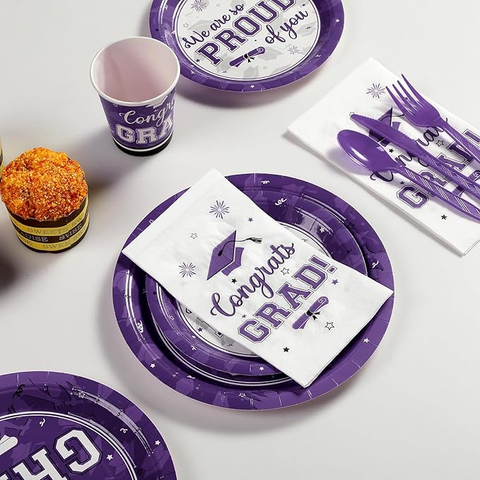 Graduation Party Supplies Congrats Grad Plates and Napkins Set Serve 50, Disposable Tableware Paper Plates Napkins Cup Knive Spoon Fork Straw for Class of 2026 Graduation Party Decorations Purple