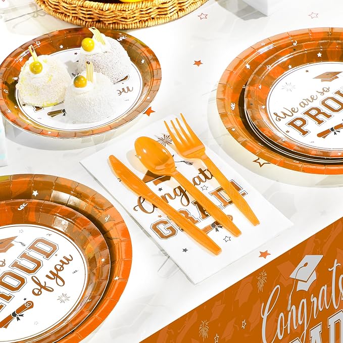 Graduation Party Supplies Congrats Grad Plates and Napkins Set Serve 50,Disposable Tableware Paper Plates Napkins Cups Knives Spoons Forks Straw for Class of 2026 Graduation Party Decorations (Orange)
