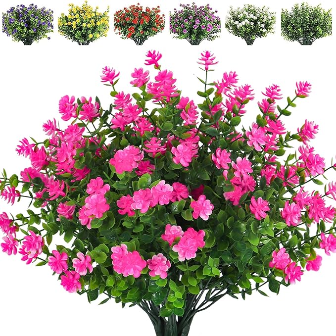 RECUTMS Artificial Flowers Outdoor Artificial Fake Flowers Fake Greenery Fake Plants Faux Outdoor Plastic Plants UV Resistant Shrubs Boxwood Plant Eucalyptus Hanging Basket Home Garden Decor (Pink)