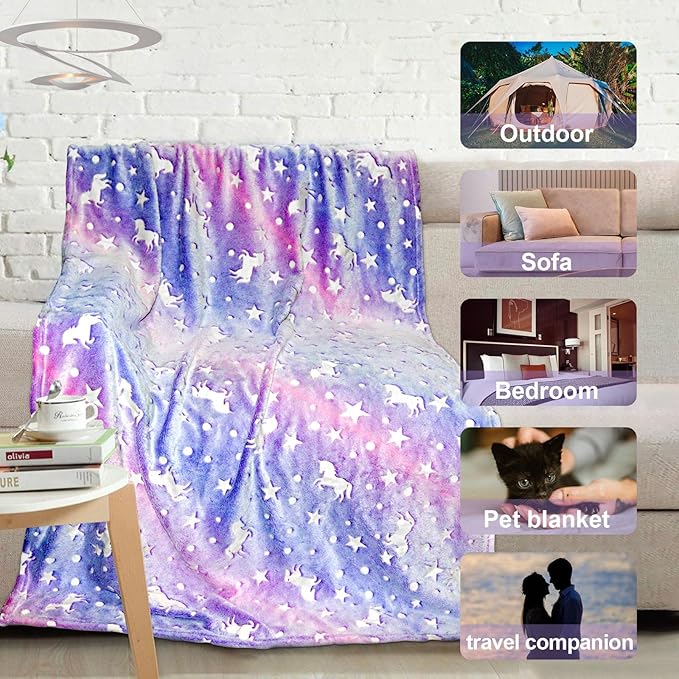 TEHALK Unicorn Glow in The Dark Blanket, Unicorn Blanket for Girls/Kids, Unicorns Gifts for Girls Age 3-12, Toddler Blanket for Kids, Soft Fleece Blanket Throw Birthday Gift 40"x60"
