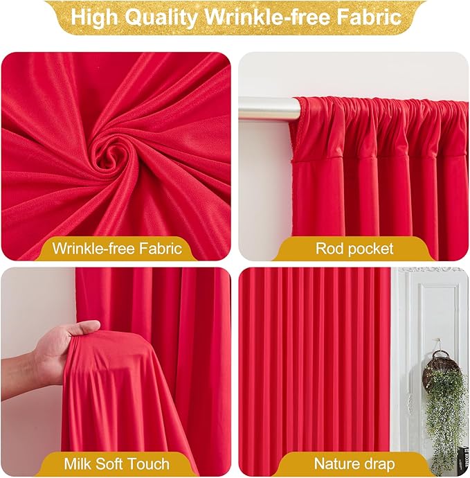 24x10FT Red Backdrop Curtains for Wedding Christmas, Wrinkle Free Polyester Photography Backdrop Drapes for Wedding Baby Shower Birthday Parties Stage Background Stand Decorations 4x10ft,6 Panels