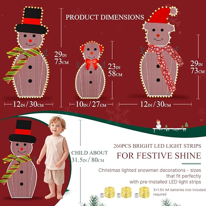 3-Piece Lighted Snowman Christmas Decorations Outdoor Yard Snow Man Family with 180 LED Lights, Snowman Yard Decorations, Christmas Yard Decorations for Outdoor Lighted Holiday Lawn Garden Porch
