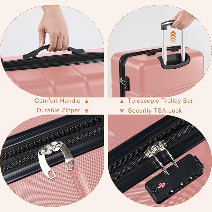Sweetcrispy Carry on Suitcase, Luggage with Spinner Wheels, Hard Shell ABS, TSA Lock, Pink, 3-PCS Set (20/24/28 inch)