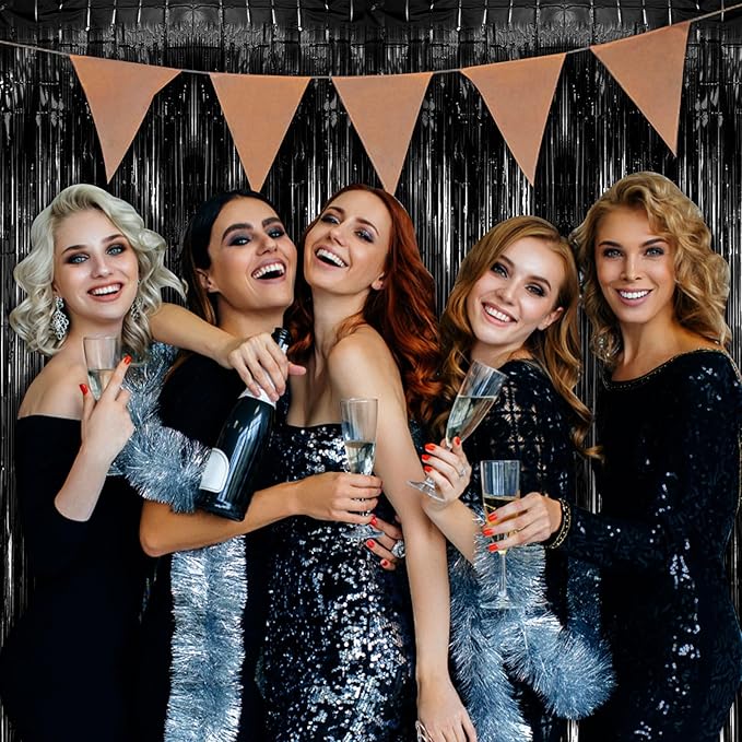2 Pack Black Party Streamers Backdrop Tinsel Foil Fringe Curtains Halloween Party Decorations Birthday Wednesday Twilight Party Decorations Graduation Wizard Party Supplies