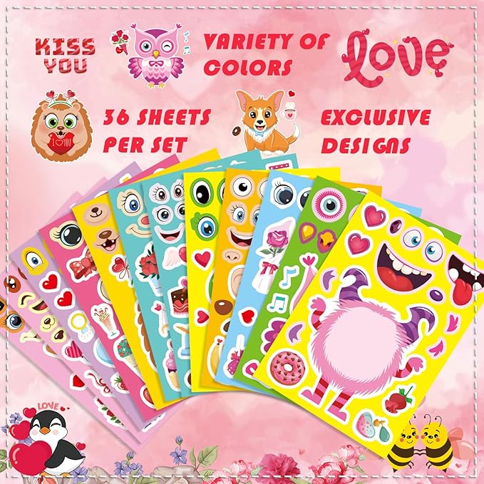 Valentine Stickers for Kids Toddlers, 36 Sheets Valentines Day Make a Face Stickers, Make Your Own Animal with Heart Mix Stickers for Kids Valentines Day Activities Party Favors