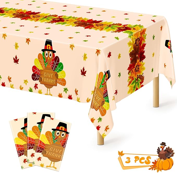 QZYL 3 Pack Thanksgiving Tablecloths, 54" x 108" Fall Disposable Table Cloth, Maple Leaves Turkey Tablecloth Rectangle Plastic Tablecover, Thanksgiving Table Decor Fall Decorations for Home