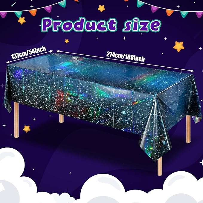 3Pcs Iridescent Space Tablecloths, Disposable Plastic Blue Galaxy Table Cloth Rectangle Table Covers for Space Starry Night Star Theme Party Birthday Party Decorations, 54x108 Inch