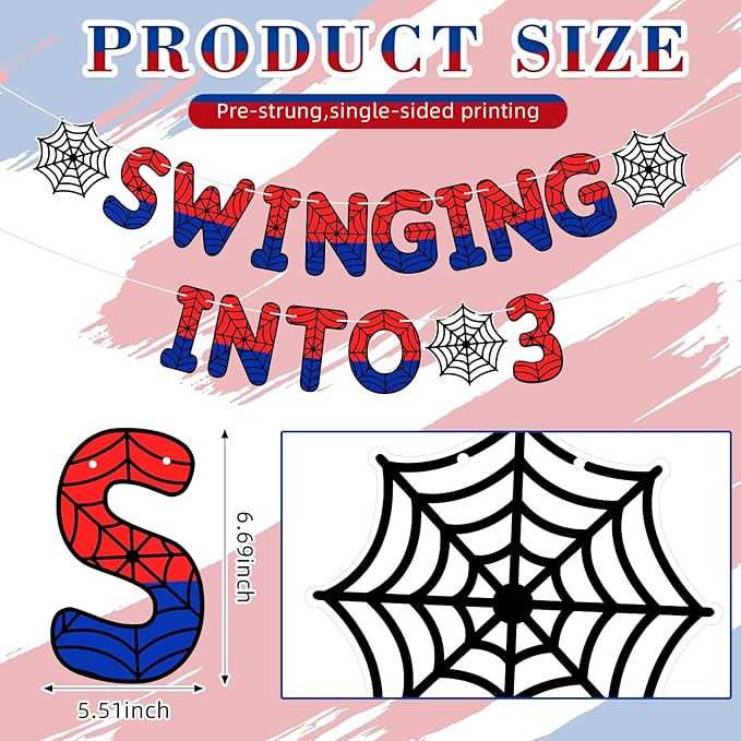 TaoBary Spider Theme 3rd Birthday Banner, Pre-strung Swinging into 3 Banner, Spider 3rd Birthday Decorations Party Supplies for Kids, Third Decor for 3 Year Old Boys Girls( Multicolor)