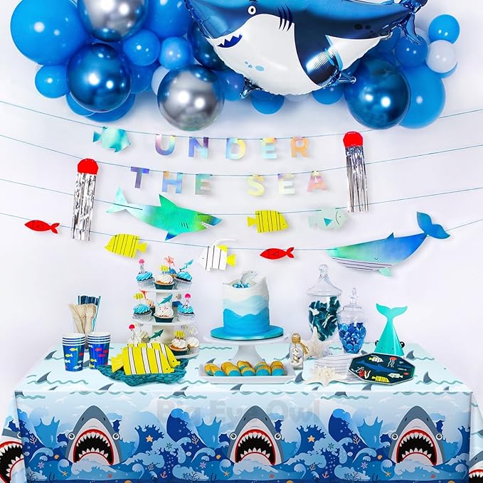2 Pcs Shark Party Tablecloths Plastic Disposable Birthday Party Table Cloth Rectangle Tablecovers Decorations Blue Boys Shark Theme Party Supplies 54x108 Inch