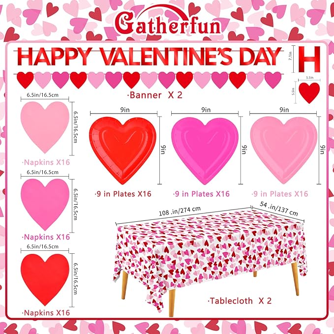 Valentine's Day Party Supplies Set for 48 Guests - Romantic Heart-Shaped Disposable Plates & Napkins with Love-Themed Plastic Tablecloth & Banner - Valentines Day Party Decorations