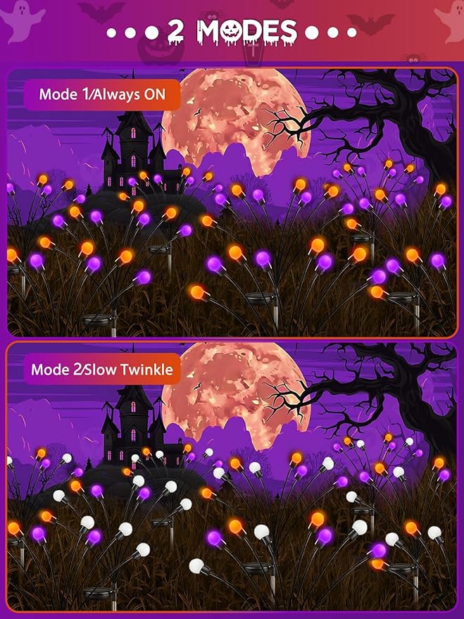 Albelt Halloween Decorations Outdoor, 6 Pack Solar Firefly Lights Outdoor, 48 LED Solar Halloween Lights, Waterproof Swaying Garden Light (Sway by Wind) for Outside Pathway Decor (Orange and Purple)