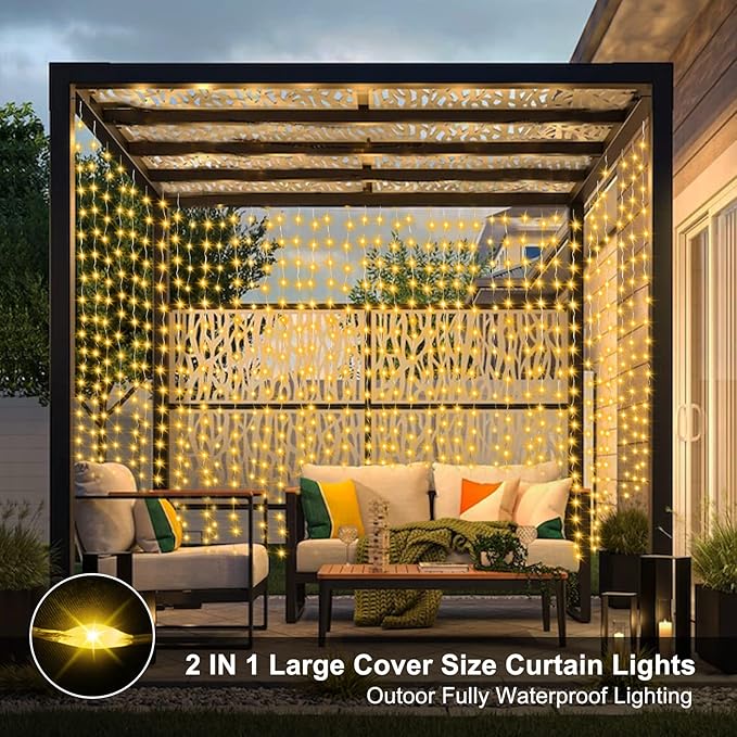 Curtain Lights Battery Operated, 200 LED 6.6Ft x 6.6Ft Dual Color Changing with Remote Timer, Outdoor Curtain Lights Waterproof for Wedding Bedroom Holiday Party Decor (Warm White & Multicolor)