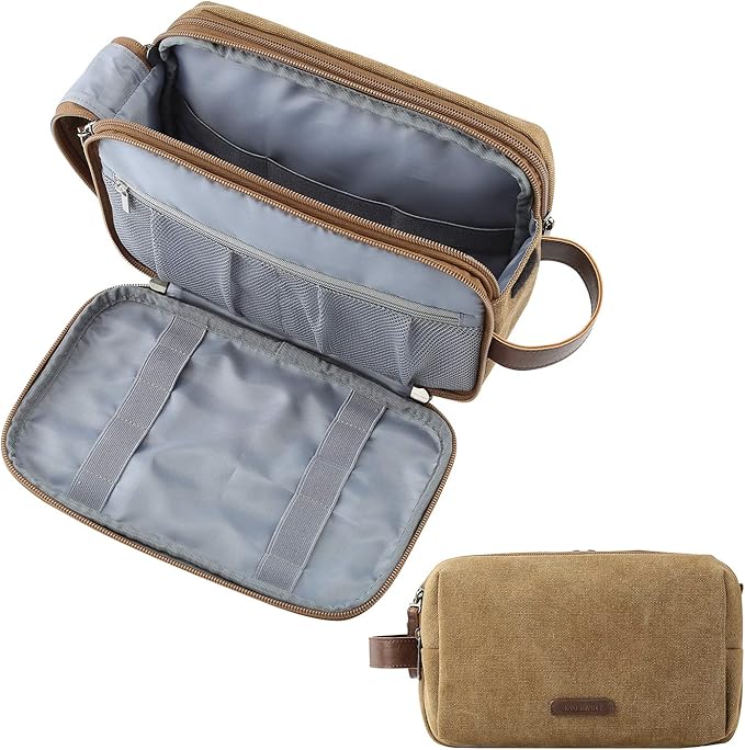 BAGSMART Toiletry Bag for Men, Canvas Travel Toiletry Organizer Dopp Kit Water-resistant Shaving Bag for Toiletries Accessories,Khaki-Large