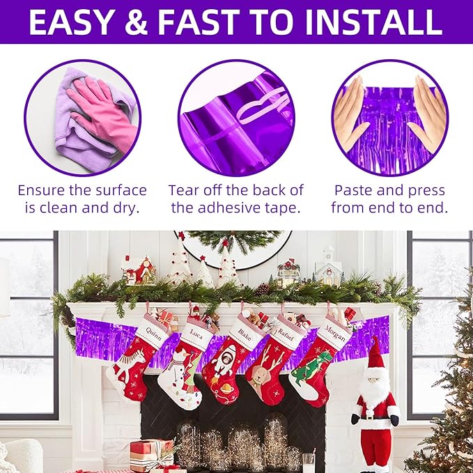 12 Pack 10 Feet Metallic Foil Fringe Garland Tinsel Streamers Banner, Purple Wall Hanging Tinsel Fringe Banners for Parade Floats, Wedding, Birthday, Christmas, New Year Party Decorations