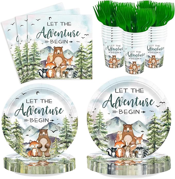 120pcs Let The Adventure Begin Party Supplies Baby Shower Plates Napkins Tableware Set Disposable Cups Green Forks Adventure Party Supplies for 24 Guests