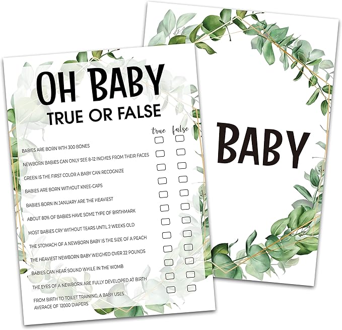 Baby Shower Game Cards, True or False Game, Tropical Jungle Theme Party Cards For Gender Neutral Boys or Girls, Set of 30 Cards(Green003)