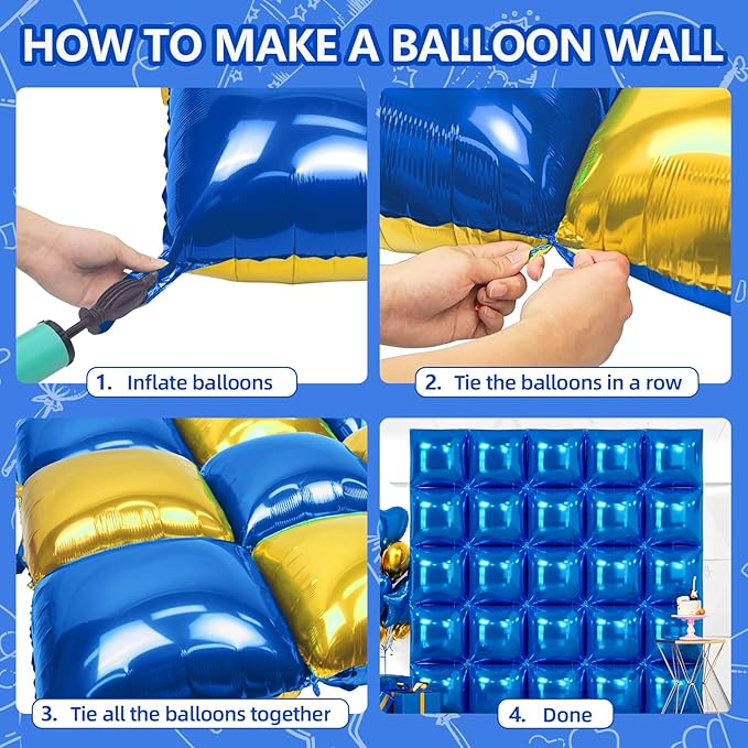 NISOCY 25PCS Blue Gold Square Foil Balloons Wall Backdrop Double Sided Deep Blue Gold Balloons Arch Kit for Birthday Graduation Baby Shower Wedding Anniversary Party Decorations