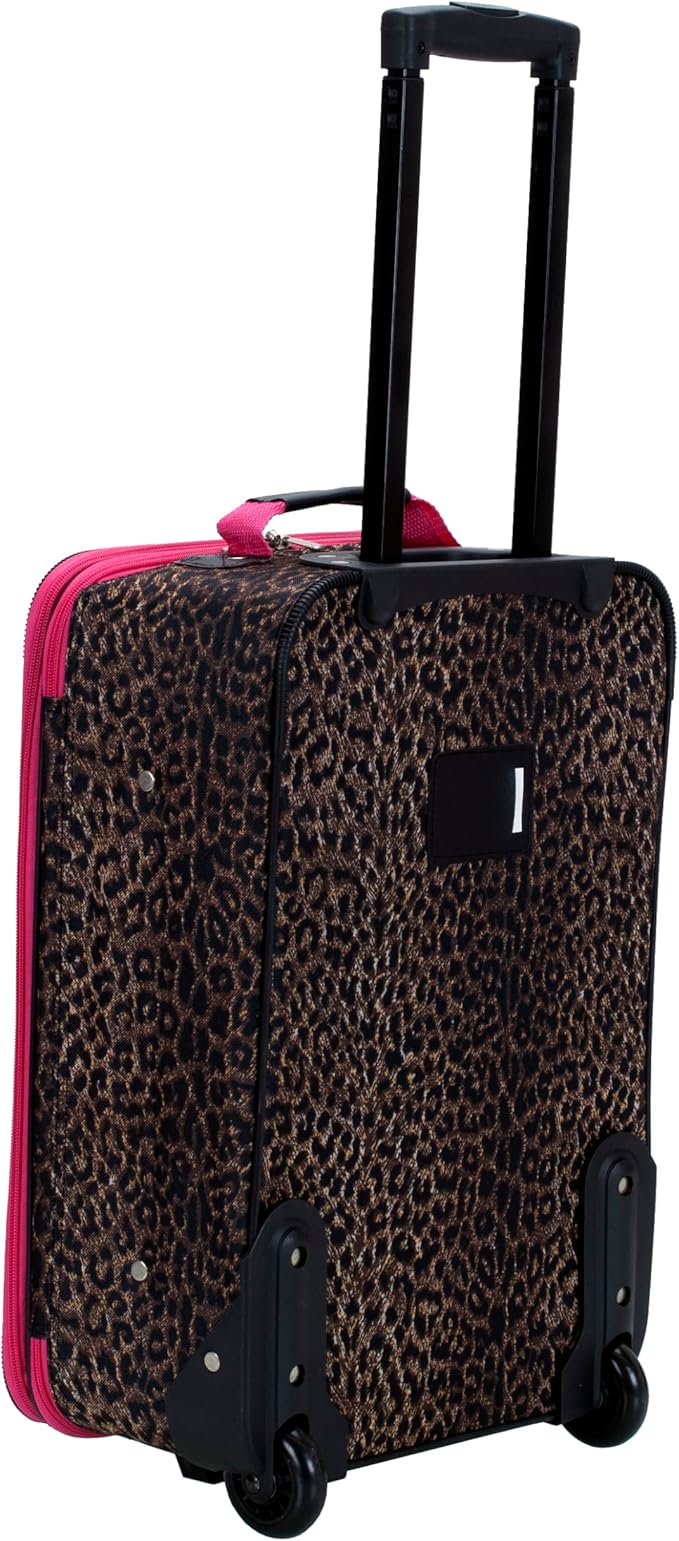 Rockland Fashion Softside 2 Piece Luggage Set, Expandable, (14" Tote/19" Upright), Pink Leopard