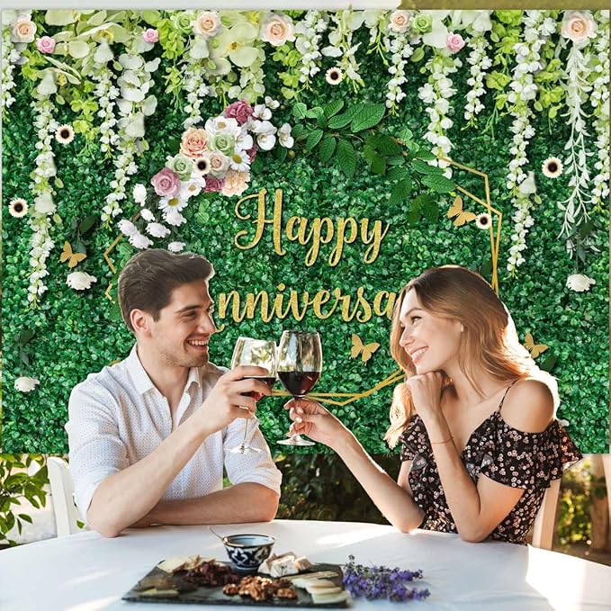 Sensfun Happy Anniversary Backdrop Green Grass Floral Banner Cheers to Wedding Anniversary Party Decorations Marriage Memorial Portrait Photo Booth Background 7x5ft