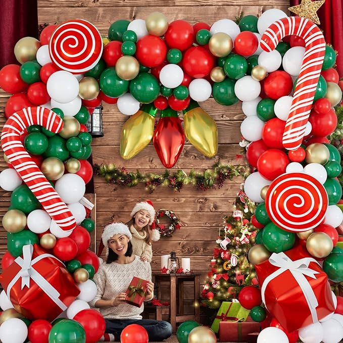 DBKL Balloons 152Pcs Garland Kit for Christmas, Red, White, Green, Gold, Candy Cane, Gift Box, Light Bulb Foil Balloons, Decorations, Party Supplies