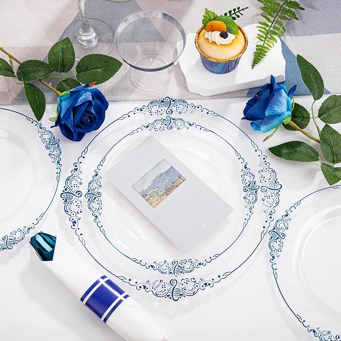 Hioasis 350pcs Clear Blue Plastic Plates - Elegant Disposable Dinnerware Set Suitable for 50 Guests Include 10.25" Dinner & 7.5" Dessert Plates, Pre Rolled Silverware Set, Cups for Party & Wedding