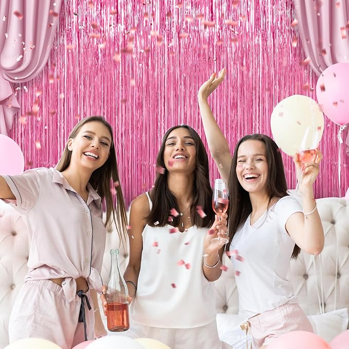 4 Pack Pink Foil Fringe Curtains Door Streamers Party Decorations 3.3 x 8.2 ft, Pink Tinsel Curtain Fringe Backdrop for Parties, Door Fringe Birthday Streamers, Photo Booth Backdrops, Party Decor