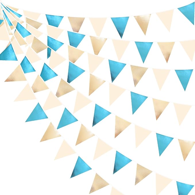 Champagne Gold Sky Blue Beige Decorations Metallic Fabric Triangle Pennant Banner Bunting Flag Garland for Birthday Baby Shower Engagement Wedding Graduation Bridal Shower Party Decorations Supplies