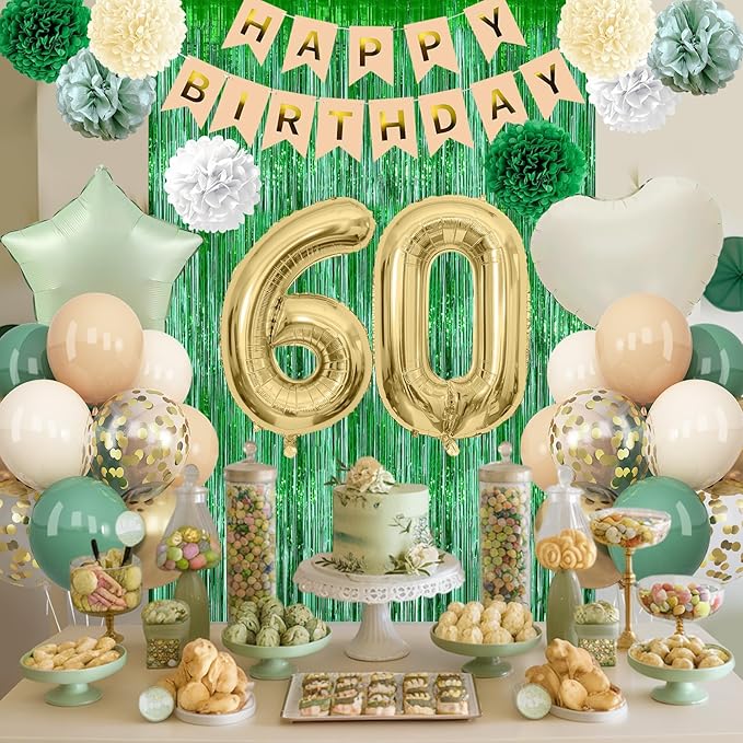 Sage Green 60th Birthday Decorations for Men Gold Number 60 Balloon Nude Gold Happy Birthday Banner Fringe Curtain Paper Pom Poms Olive Green Cream White Sand Star Foil Balloons Party Decor