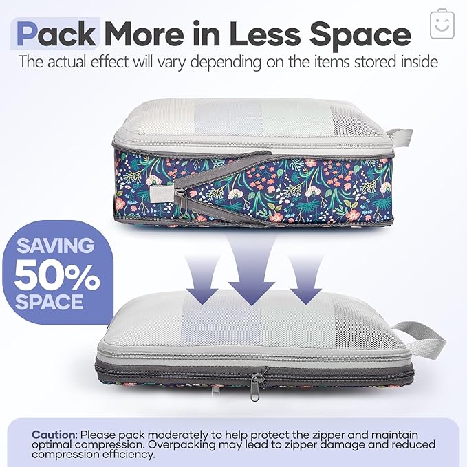 Veken 11 Set Compression Packing Cubes for Travel Essentials,Compressible Expandable Large Luggage Suitcase Organizer Bags for Clothing,Durable Space Saver Storage Bags(Dark Blue Floral)