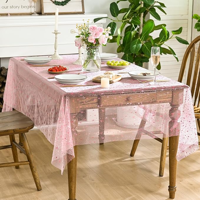 Horaldaily Pink Gold Sparkling Star Gauze Tablecloth 52x70 Inch Rectangular, Pink Star Sequin Glitter Metallic Foil, Sheer Tulle Cheesecloth for Wedding Baby Shower Party