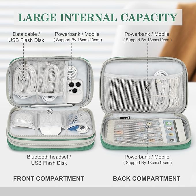 FYY Electronic Organizer, Large Travel Cable Organizer Bag Pouch Electronic Accessories Carry Case Portable Waterproof Double Layers All-in-One Storage Bag for Cable, Cord, Charger, Pattern Green