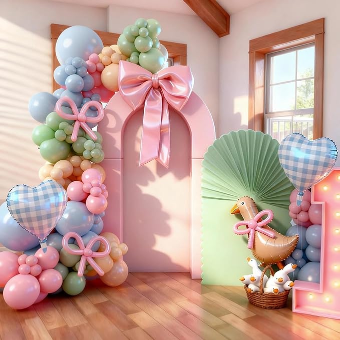 Silly Goose Balloon Arch Kit, Pink Blue Green Latex Balloon Garland Kit Gingham Heart Foil Balloons for Boys Girls Goose Birthday Baby in Bloom Baby Shower Floral Fairy Wildflower Party Decorations