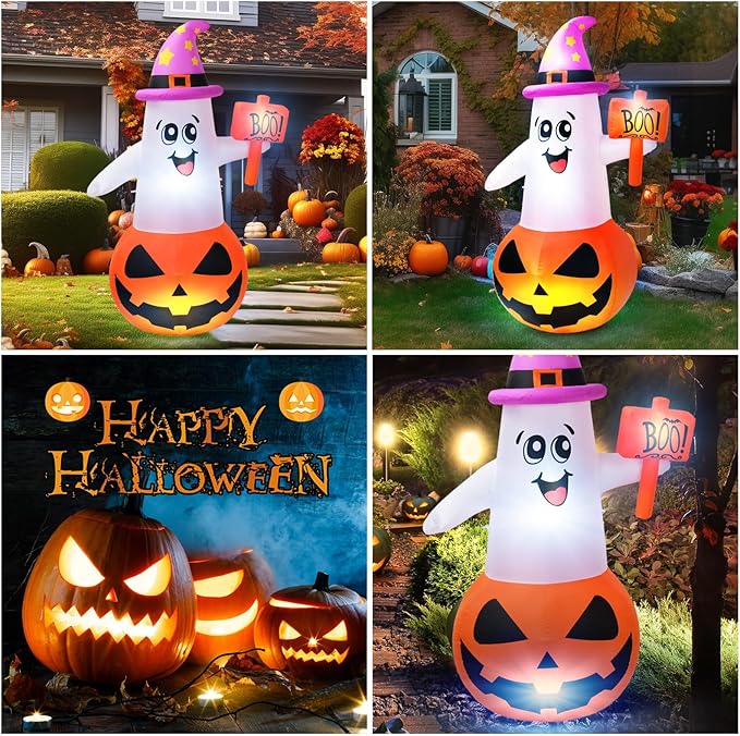 BOHON 5Ft Halloween Inflatables Decorations Outdoor Cute Pumpkin Ghost with Witch Hat Built-in Led Lights Blow Up Yard Decor Inflatable Clearance for Indoor Outside Home Holiday Party Lawn Garden