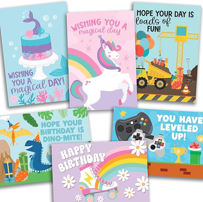 Hadley Designs Happy Birthday Cards for Kids with Envelopes - 54 Assorted Kids Birthday Cards Bulk for Classroom, Generic Children Greeting Card Pack for Students, Bday Notecards, Designed in USA